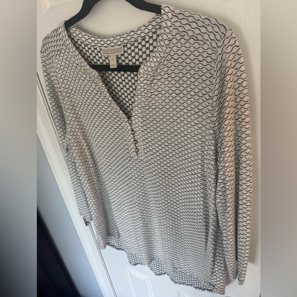 Dana Buchman Pullover Knit Top Black/ White Honeycomb Pattern 3/4 Sleeve Size L - Picture 2 of 8